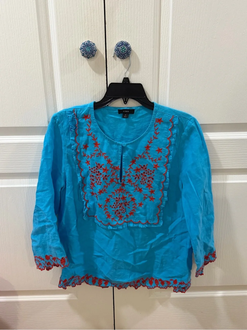 J. Crew Turquoise Tunic with Red Embroidery